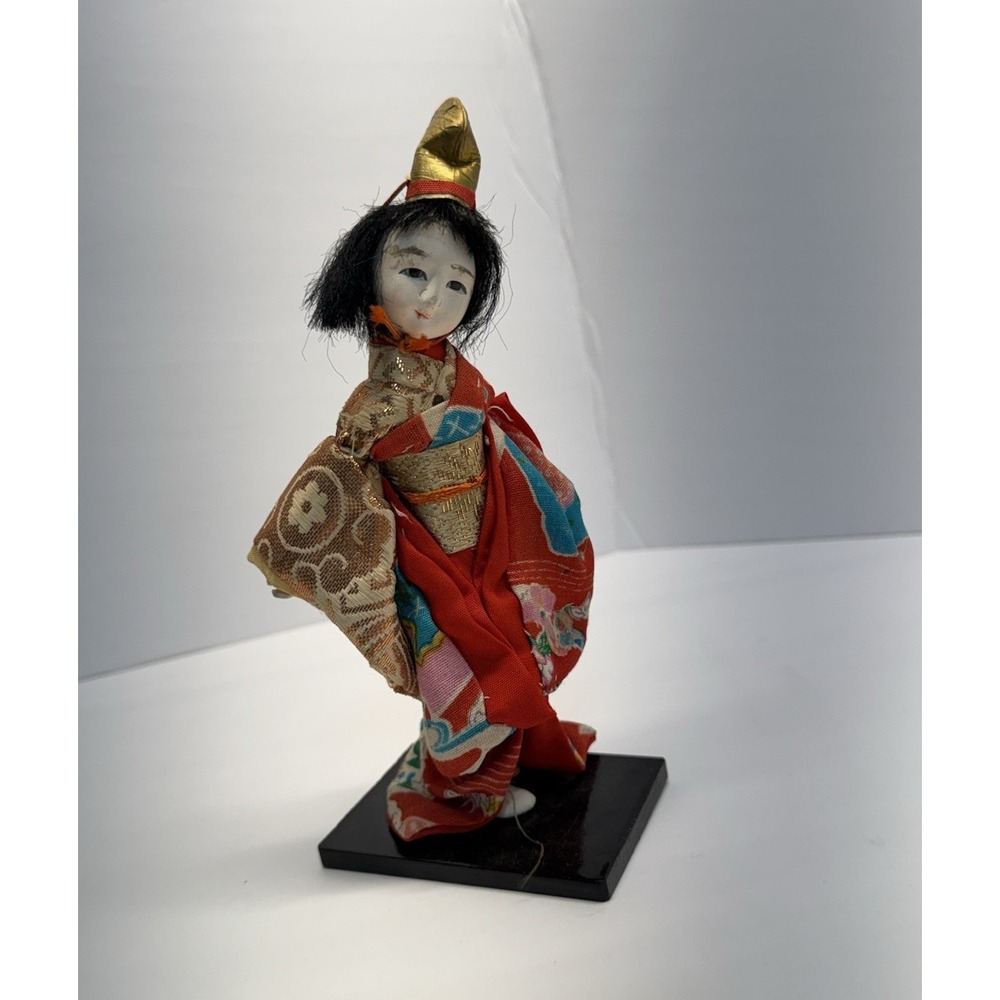 Japanese Kimono Doll Figure in Red Kimono on Black Display Stand